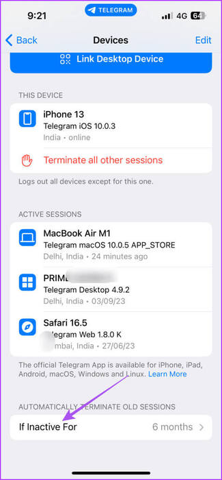 if-inactive-for-device-settings-telegram-mobile-475x1024-1 أفضل 6 إصلاحات لاستمرار Telegram في تسجيل الخروج على الهاتف المحمول وسطح المكتب