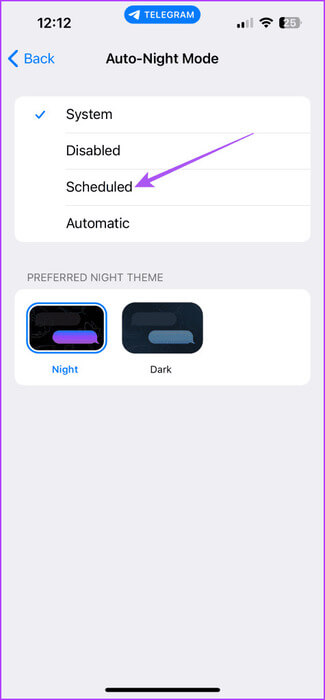scheduled-auto-night-mode-telegram-iphone-475x1024-1 كيفية جدولة الوضع المظلم على Telegram على الهاتف المحمول وسطح المكتب