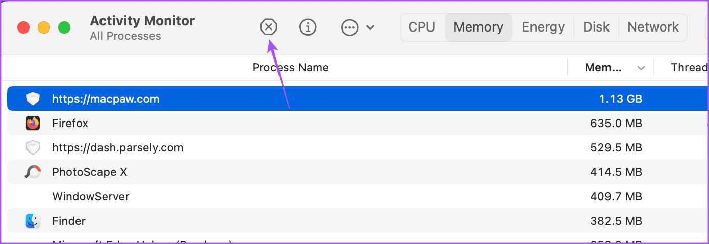 stop-apps-acitivity-monitor-mac أفضل 6 إصلاحات لخطأ "نفدت ذاكرة التطبيق من النظام الخاص بك" على نظام Mac