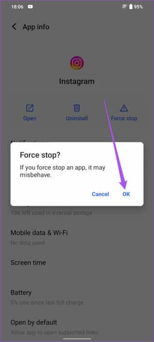 tap-ok-to-confirm-force-stop-instagram-app-android-462x1024-1 أفضل 5 إصلاحات لعدم عمل السحب للرد في رسائل Instagram