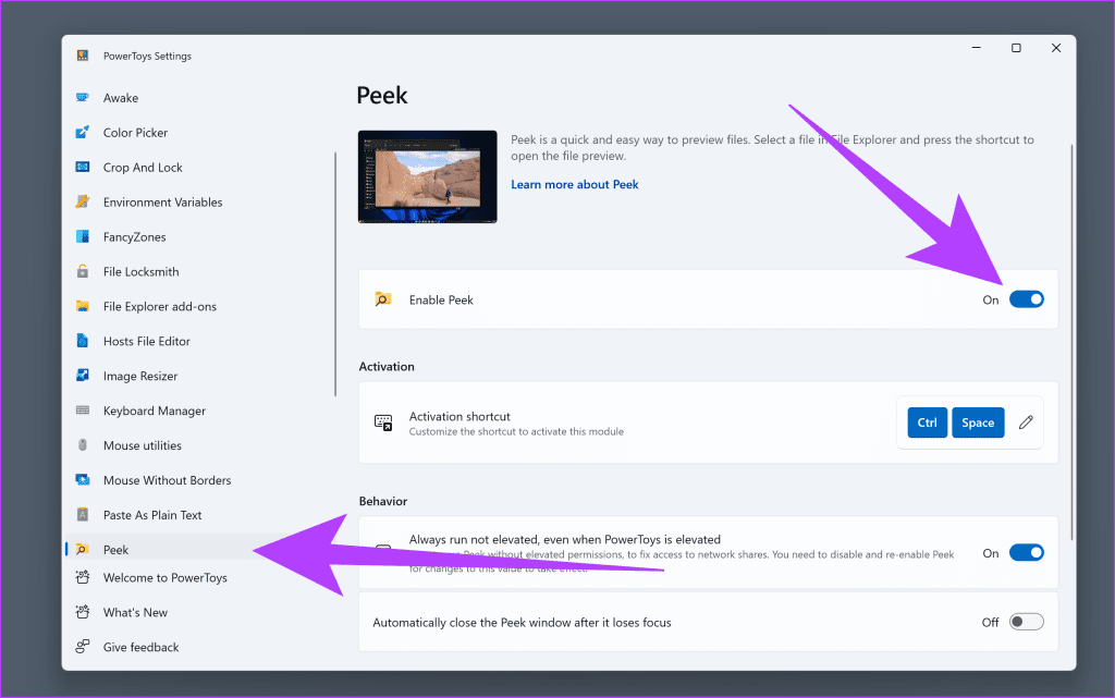 1.-From-the-left-pane-inside-PowerToys-settings-select-Peek.-Now-enable-the-toggle-next-to-Enable-Peek-1024x641-1 كيفية استخدام نفس الماوس بشكل متعدد باستخدام PowerToys على Windows