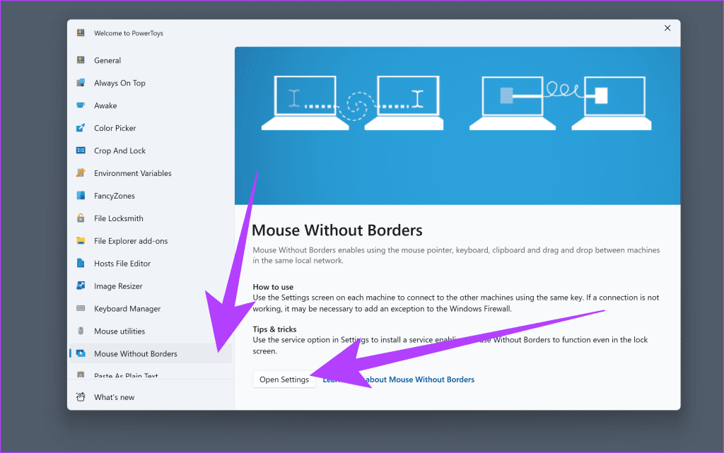 1.-open-Microsoft-PowerToys-and-select-Mouse-Without-Borders-from-the-left-pane.-Then-click-on-Open-Settings-1024x641-1 كيفية استخدام نفس الماوس بشكل متعدد باستخدام PowerToys على Windows