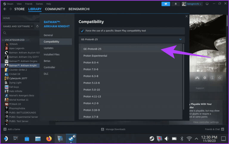 11.-Now-check-the-box-next-to-Force-the-use-of-a-specific-Steam-Play-compatibility-tool.-Below-it-select-GE-Proton-from-the-drop-down-list-768x481-1 كيفية تثبيت Proton GE على Steam Deck