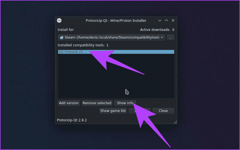 12.-Launch-the-ProtonUp-Qt-tool.-Select-the-GE-Proton-option-under-Installed-compatibility-tools-and-then-click-on-Show-info-768x481-1 كيفية تثبيت Proton GE على Steam Deck