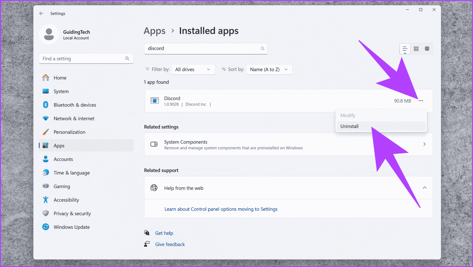 5.-click-on-the-3-dot-icon-next-to-Discord-and-select-Uninstall-1536x867-1 10 طرق لإصلاح أخطاء Discord "اتصال RTC" و"No Route" على Windows