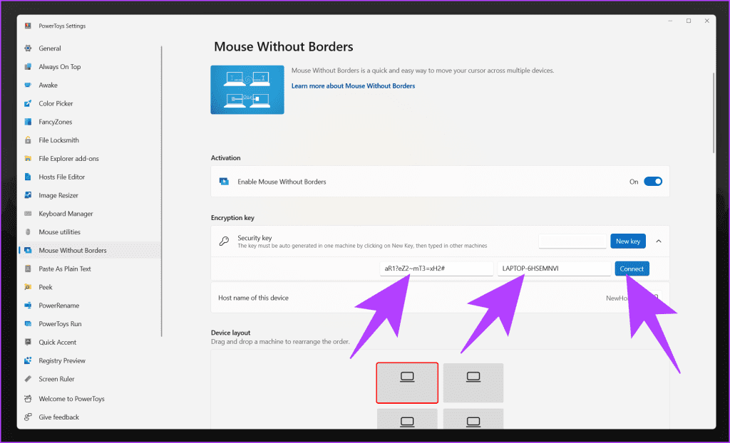 6.-Here-enter-the-Security-key-along-with-the-Device-name-1-1024x622-1 كيفية استخدام نفس الماوس بشكل متعدد باستخدام PowerToys على Windows