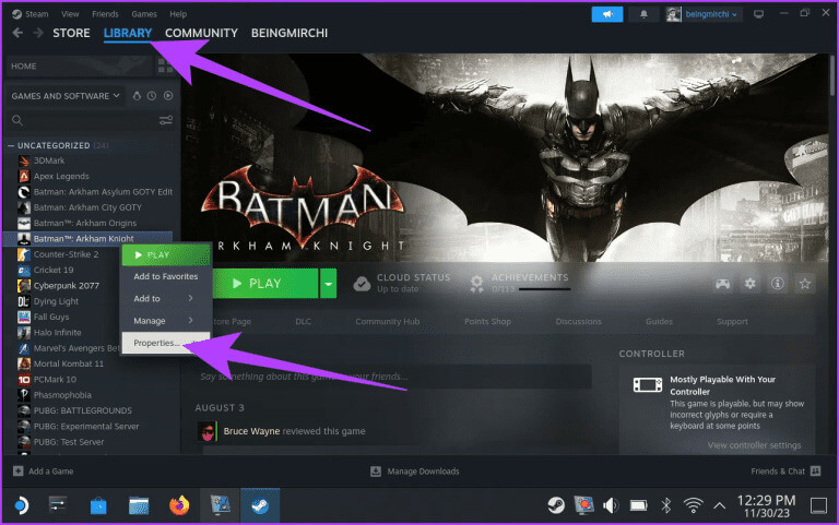 9.-Inside-the-Steam-app-head-over-to-Library-and-right-click-on-the-game-that-you-wish-to-use-Proton-GE-with.-Select-Properties-from-the-drop-down-menu-768x481-1 كيفية تثبيت Proton GE على Steam Deck