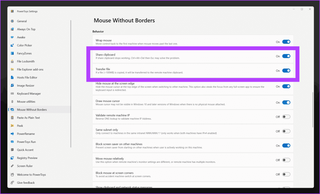 9.-Scroll-down-to-the-Behaviour-section-and-enable-the-toggles-next-to-Share-clipboard-and-Transfer-file-1-1024x622-1 كيفية استخدام نفس الماوس بشكل متعدد باستخدام PowerToys على Windows