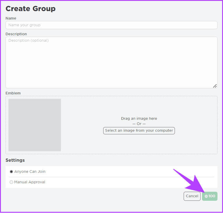 Add-all-the-necessary-information-and-then-click-100-Robux-to-create-group-on-Roblox كيفية إرسال Robux إلى حساب آخر للكمبيوتر الشخصي والهاتف المحمول