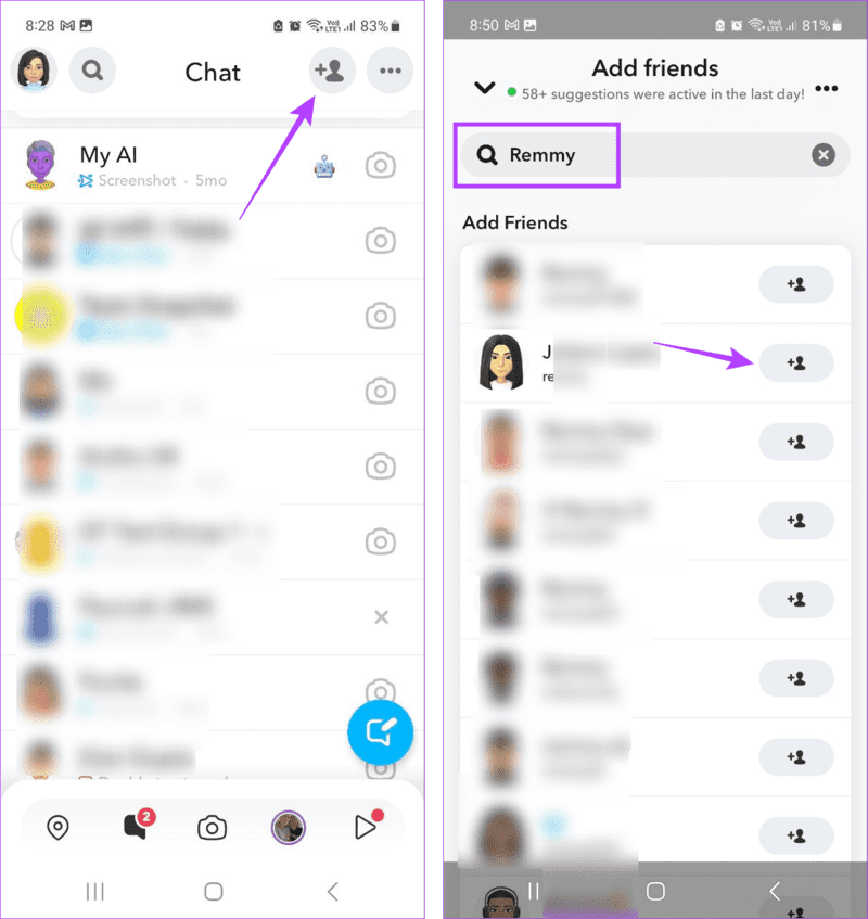 Add-friend-from-search كيفية رؤية الأصدقاء المحذوفين على Snapchat
