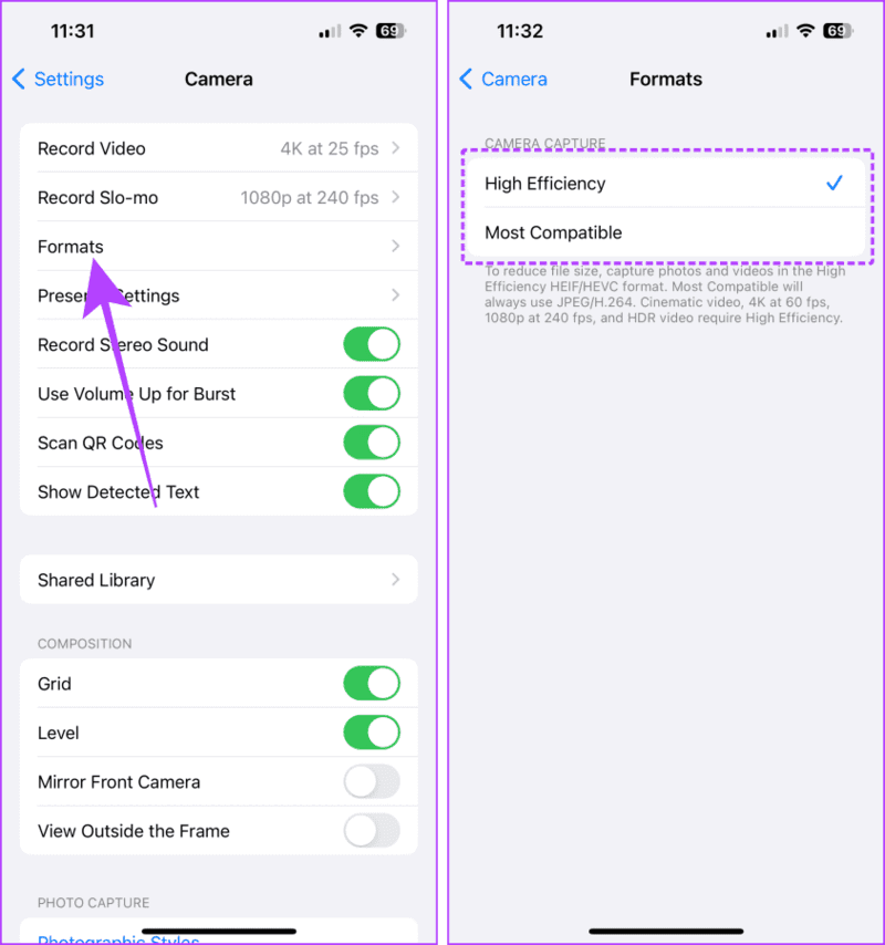 Camera-Format-Settings-iPhone 4 طرق لإرسال الصور كمستندات على WhatsApp باستخدام iPhone