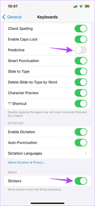 Check-predictive-text-setting 9 طرق لإصلاح اختفاء Memoji بعد تحديث iOS 17 على iPhone