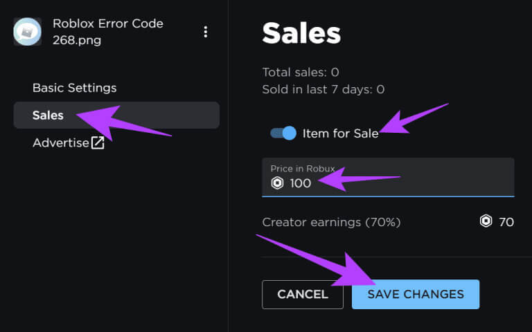 Choose-Sales-from-the-sidebar-and-toggle-on-item-for-sale.-Set-the-price-and-then-choose-Save-Changes-768x480-1 كيفية إرسال Robux إلى حساب آخر للكمبيوتر الشخصي والهاتف المحمول