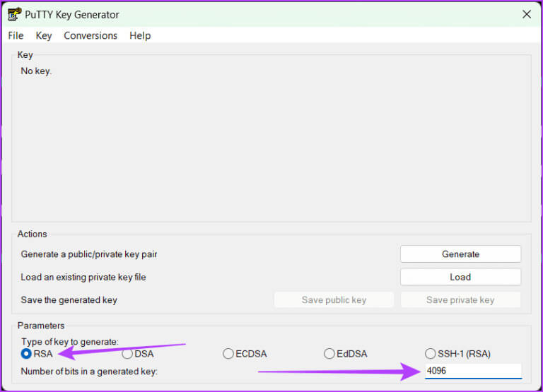 Choose-a-Type-of-key-to-generate-enter-the-desired-number-of-bits-and-generated-key-768x555-1 كيفية إنشاء مفاتيح SSH على Windows