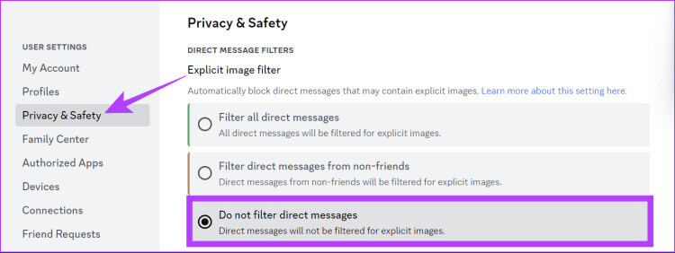 Choose-privacy-and-safety-then-choose-do-not-filter-direct-message-750x282-1 كيفية تمكين أو تعطيل قنوات NSFW على Discord
