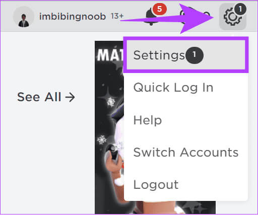 Choose-the-settings-gear-and-then-click-Settings كيفية إرسال Robux إلى حساب آخر للكمبيوتر الشخصي والهاتف المحمول