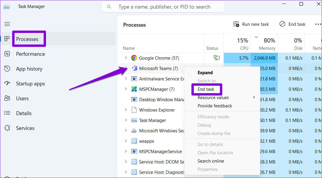 Close-Teams-Using-Task-Manager أفضل 7 إصلاحات لعدم عمل التدقيق الإملائي في Microsoft Teams على Windows