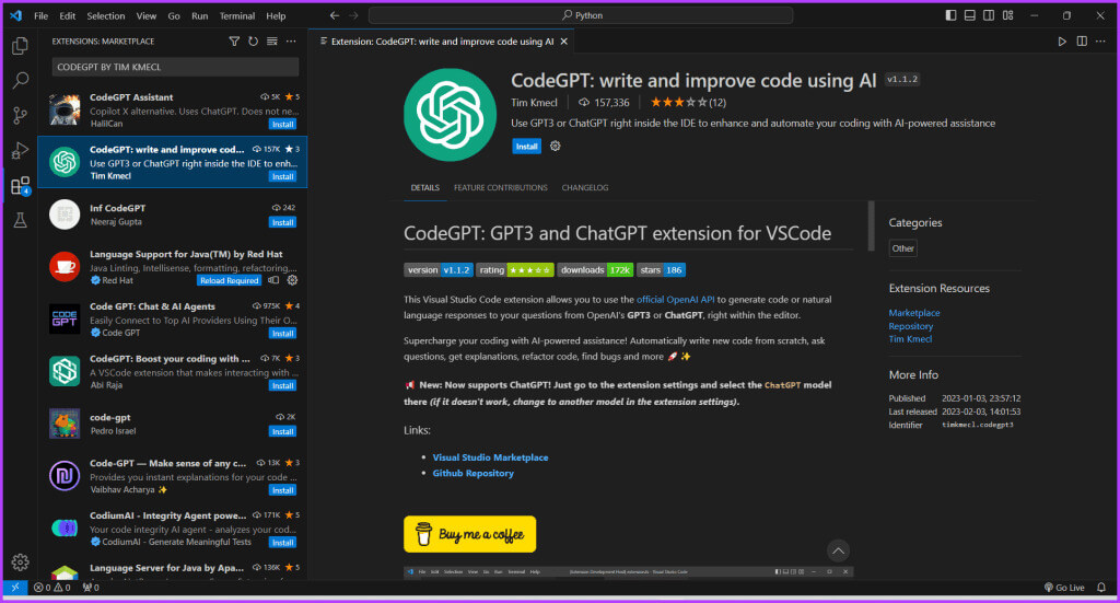 CodeGPT-by-Tim-Kmecl-VS-Code-ChatGPT-extension-1024x551-1 8 أفضل ملحقات ChatGPT لـ VS Code