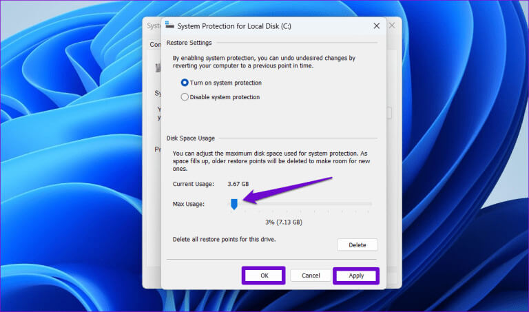 Configure-Disk-Space-for-System-Restore-768x453-1 أفضل 5 إصلاحات لمشكلة استمرار محرك الأقراص في الامتلاء على Windows