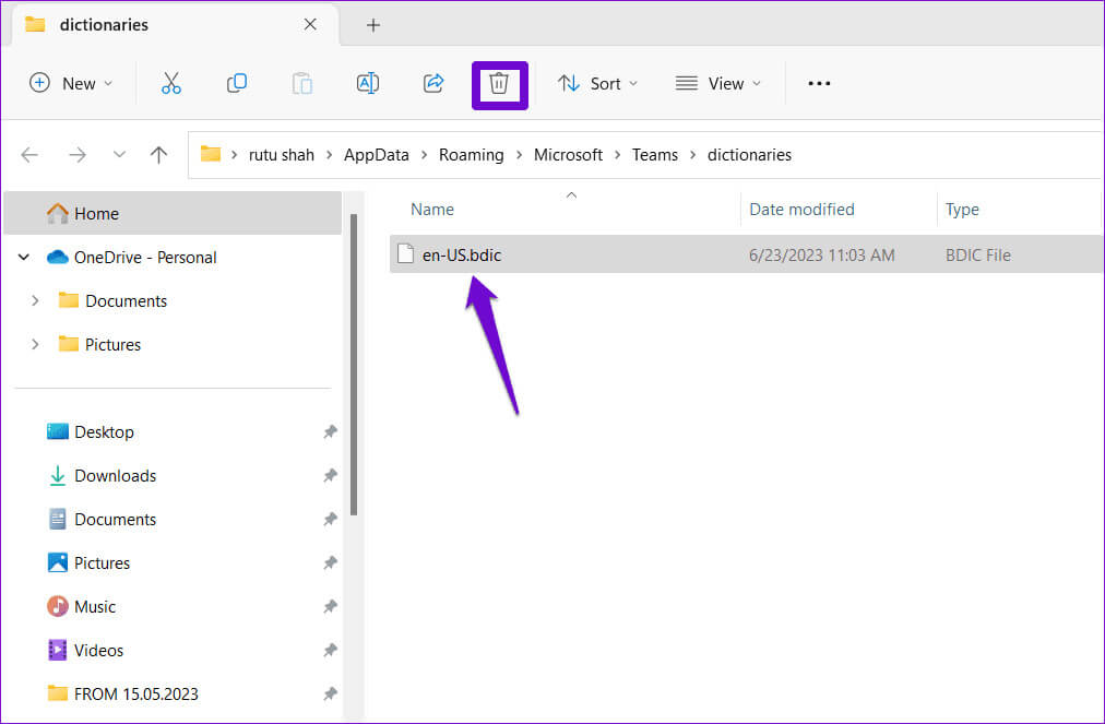Delete-Teams-Dictionary-File-on-Windows أفضل 7 إصلاحات لعدم عمل التدقيق الإملائي في Microsoft Teams على Windows