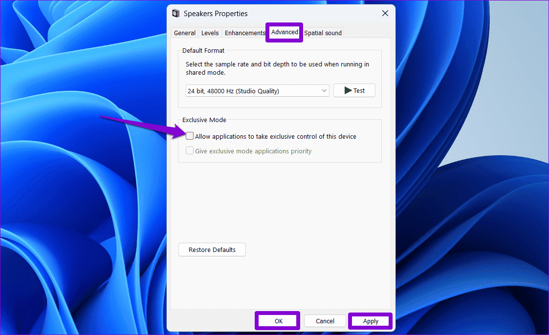 Disallow-Apps-Exclusive-Control-Over-Audio-Device أفضل 7 إصلاحات لاستمرار تغير جهاز الصوت الافتراضي على Windows