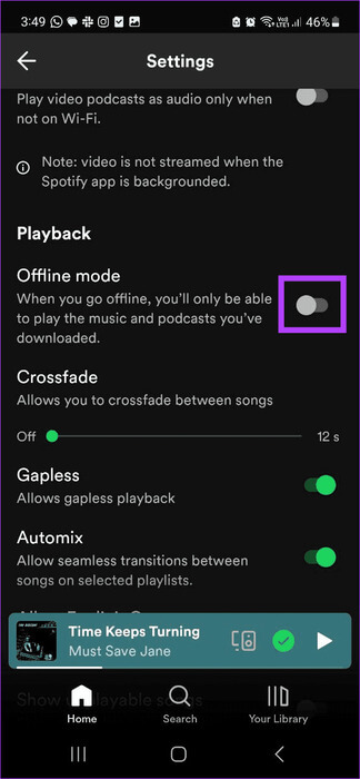 Enable-Offline-mode 10 إصلاحات لعدم عمل Spotify Premium دون الاتصال بالإنترنت على الهواتف الذكية