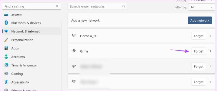 Forget-Network-1-750x315-1 9 إصلاحات لخطأ "لا يمكن الاتصال بهذه الشبكة" على Windows 11