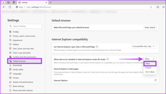Go-to-Default-browser-and-select-Allow-from-the-dropdown-menu-beside-Allow-sites-to-be-reloaded-in-Internet-Explorer-mode-IE-mode-682x385-1 كيفية تمكين أو تعطيل وضع Internet Explorer في Microsoft Edge على Windows