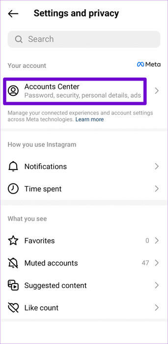 Meta-Accounts-Center-500x1024-1 أفضل 6 إصلاحات للتحذير "لقد اكتشفنا سلوكًا آليًا في حسابك" على Instagram