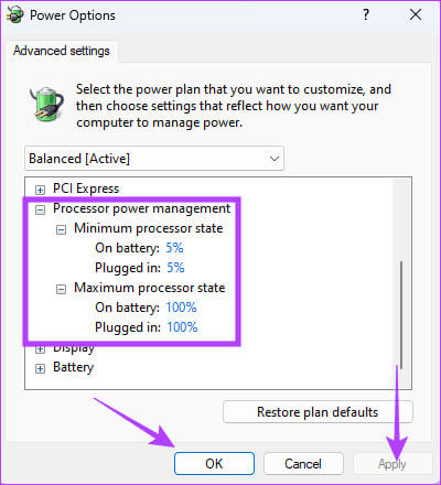 Min-and-Max-processor-state أفضل 9 إصلاحات لمشكلة شاشة الموت الزرقاء عند ممارسة الألعاب على Windows 11