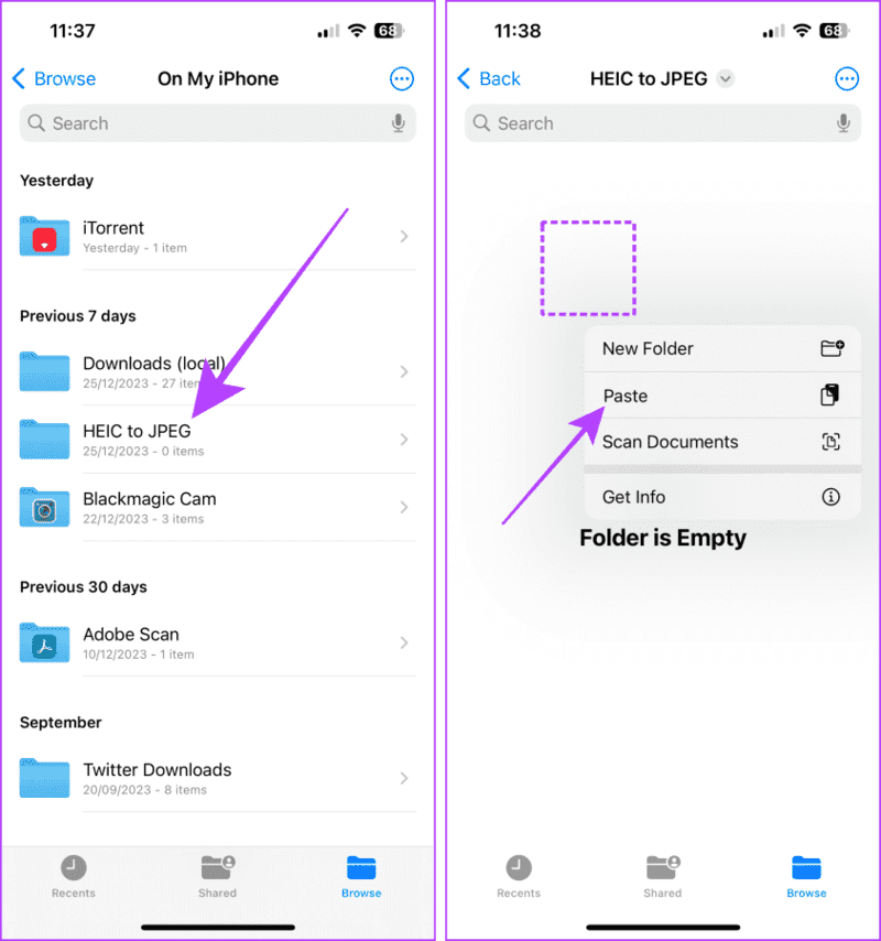 Paste-Photos-in-the-Files-App 4 طرق لإرسال الصور كمستندات على WhatsApp باستخدام iPhone