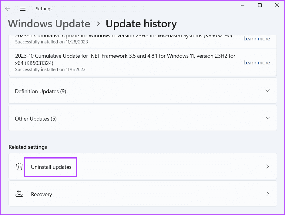 Remove-a-Recent-Windows-Update-2-1 أهم 7 إصلاحات لـ "حدث خطأ أثناء تحميل مستكشف الأخطاء ومصلحها" في Windows 11