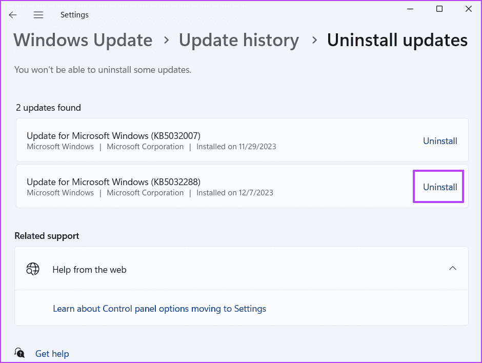 Remove-a-Recent-Windows-Update-3-1 أهم 7 إصلاحات لـ "حدث خطأ أثناء تحميل مستكشف الأخطاء ومصلحها" في Windows 11