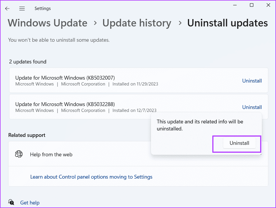 Remove-a-Recent-Windows-Update-4-1 أهم 7 إصلاحات لـ "حدث خطأ أثناء تحميل مستكشف الأخطاء ومصلحها" في Windows 11