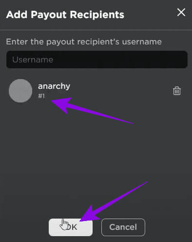 Search-add-the-user-and-then-click-Ok-to-confirm كيفية إرسال Robux إلى حساب آخر للكمبيوتر الشخصي والهاتف المحمول
