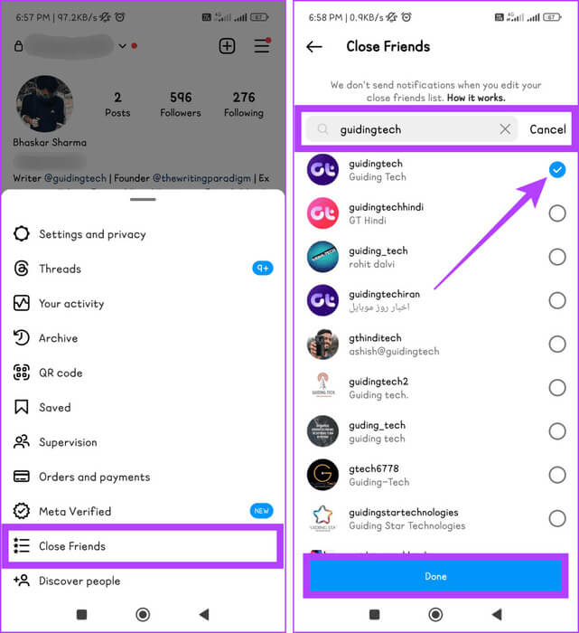 Select-Close-Friends-search-for-the-persons-username-check-the-radio-button-and-tap-Done-937x1024-1 كيفية مشاركة منشورات ومقاطع وقصص Instagram مع الأصدقاء المقربين فقط