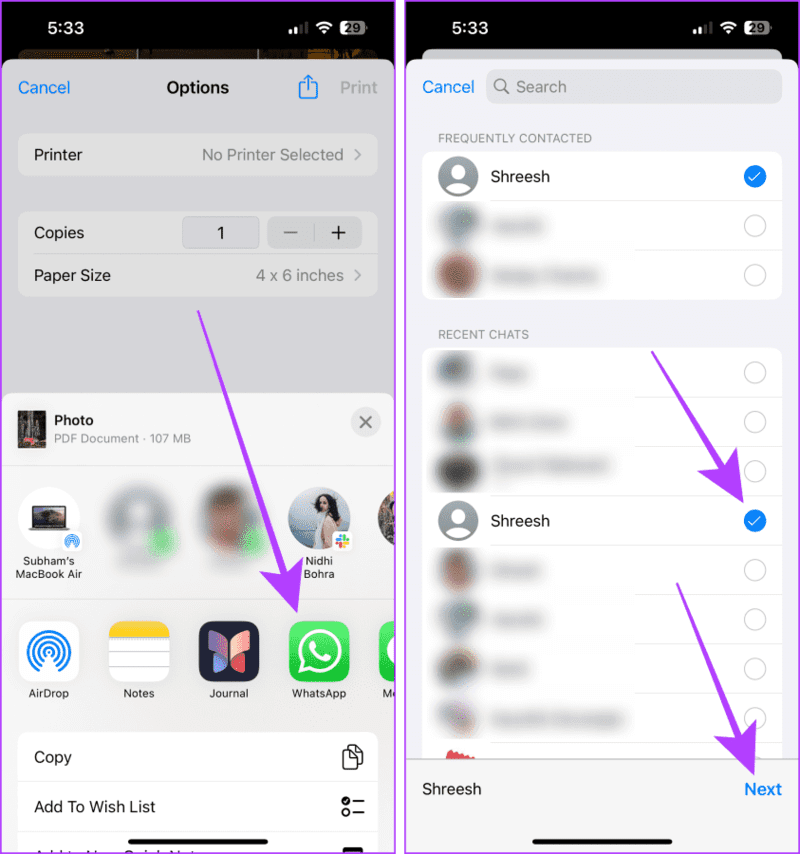 Select-Contact-to-Share-PDF-in-WhatsApp 4 طرق لإرسال الصور كمستندات على WhatsApp باستخدام iPhone