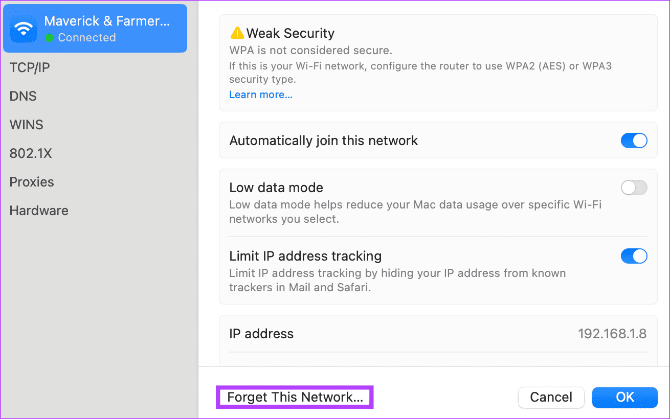 Select-Forget-This-Network 9 طرق لإصلاح عدم تحميل بعض مواقع الويب على Mac