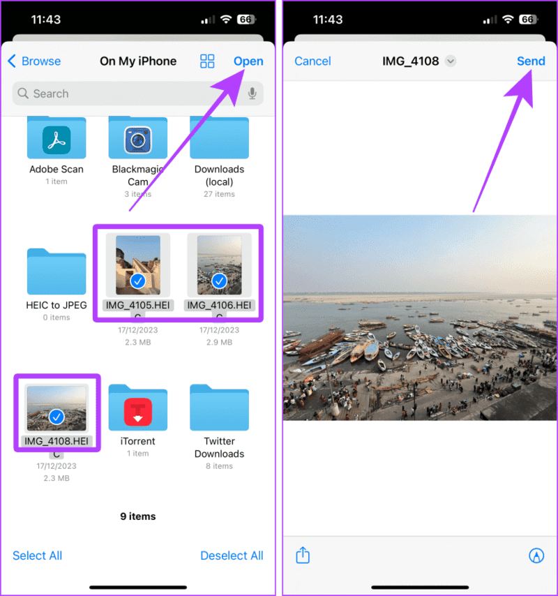 Select-Photos-and-tap-Send 4 طرق لإرسال الصور كمستندات على WhatsApp باستخدام iPhone