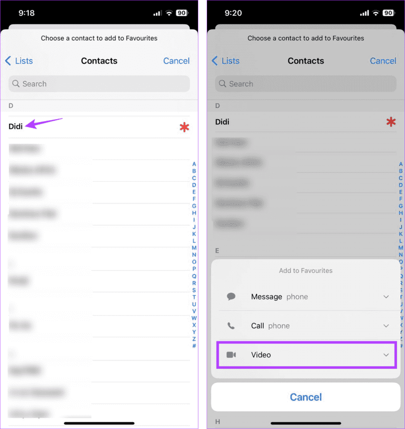 Select-add-type كيفية إضافة أو إزالة جهات الاتصال من المفضلة على iPhone