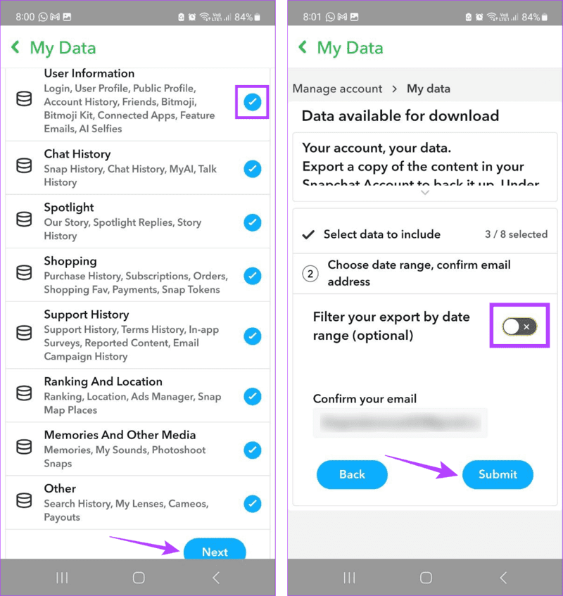 Submit-request-for-data كيفية رؤية الأصدقاء المحذوفين على Snapchat