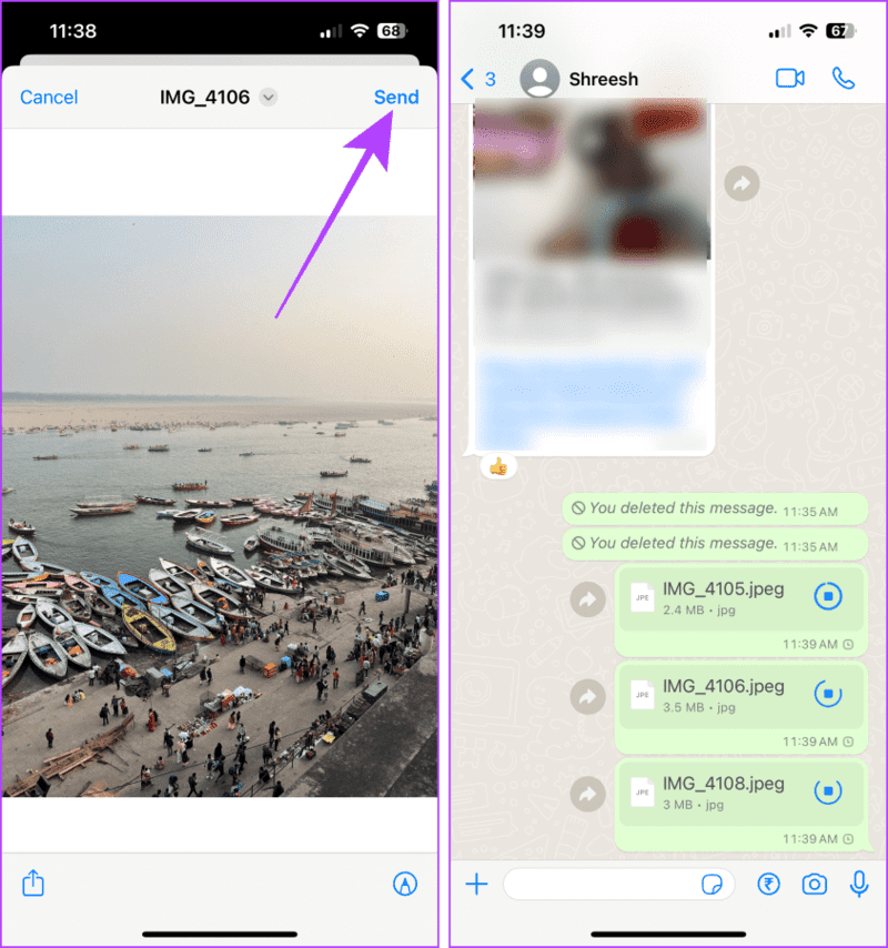 Tap-Send-to-send-Images 4 طرق لإرسال الصور كمستندات على WhatsApp باستخدام iPhone