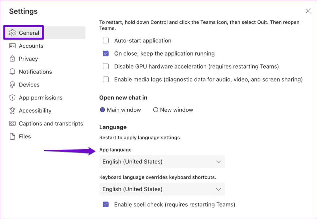 Teams-Language-on-Windows-1024x709-1 أفضل 7 إصلاحات لعدم عمل التدقيق الإملائي في Microsoft Teams على Windows