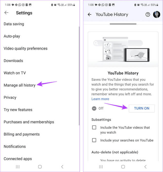 Turn-on-Watch-History لماذا تكون شاشة YouTube الرئيسية فارغة وكيفية إصلاحها