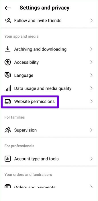 Website-Permissions-on-Instagram-Account-500x1024-1 أفضل 6 إصلاحات للتحذير "لقد اكتشفنا سلوكًا آليًا في حسابك" على Instagram