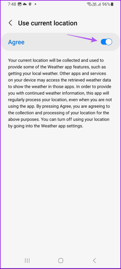 agree-use-current-location-weather-samsung-692x1536-1 أفضل 6 إصلاحات لعدم تحديث الموقع في تطبيق الطقس على هواتف Samsung Galaxy