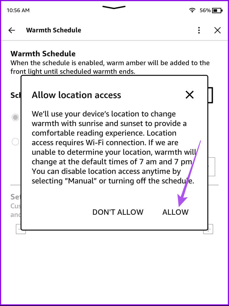 allow-location-access-warmth-schedule-kindle-768x1023-1 كيفية استخدام الضوء الدافئ على جهاز Amazon Kindle
