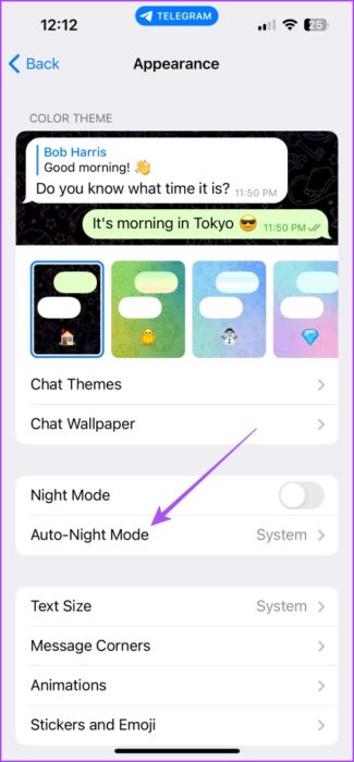 auto-night-mode-settings-telegram-iphone-475x1024-1-e1703972064626 كيفية جدولة الوضع المظلم على Telegram على الهاتف المحمول وسطح المكتب