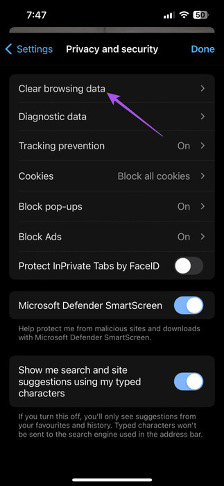 clear-browsing-data-edge-mobile-473x1024-1 أفضل 6 إصلاحات لعدم عمل Microsoft Edge على iPhone وiPad وMac