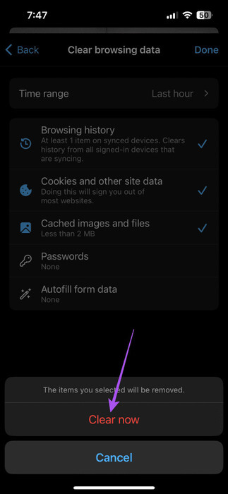 clear-browsing-data-on-edge-mobile-473x1024-1 أفضل 6 إصلاحات لعدم عمل Microsoft Edge على iPhone وiPad وMac
